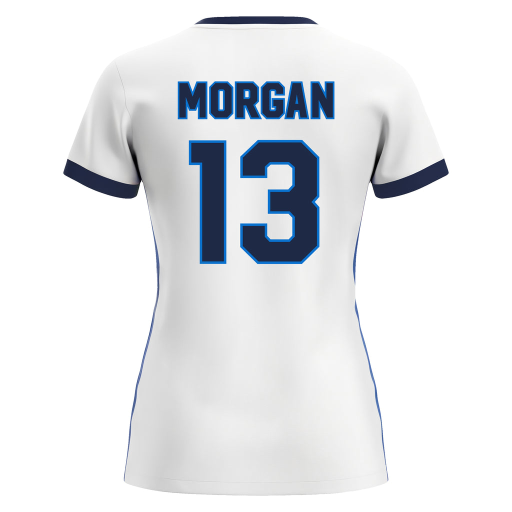 white/blue jersey