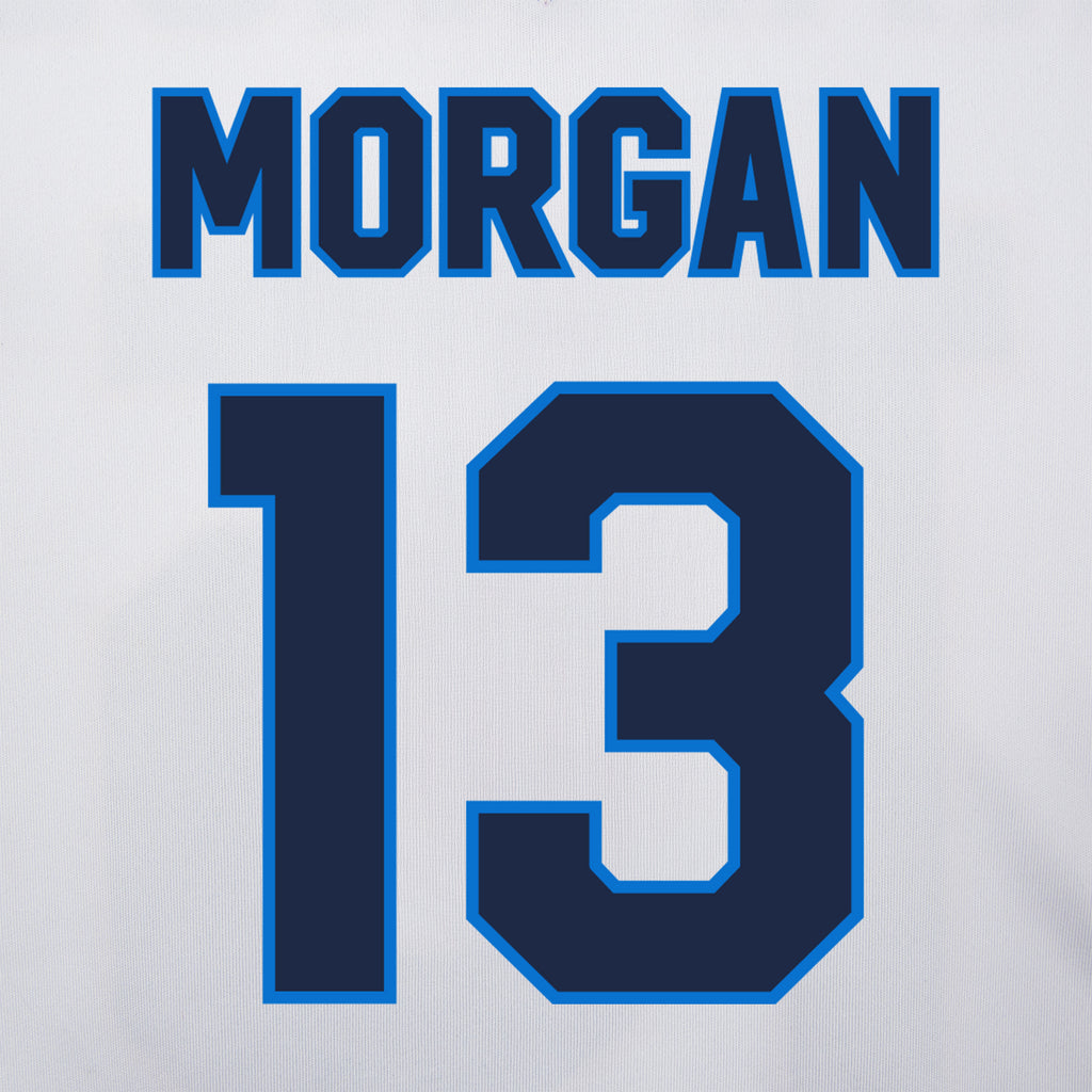 white/blue jersey