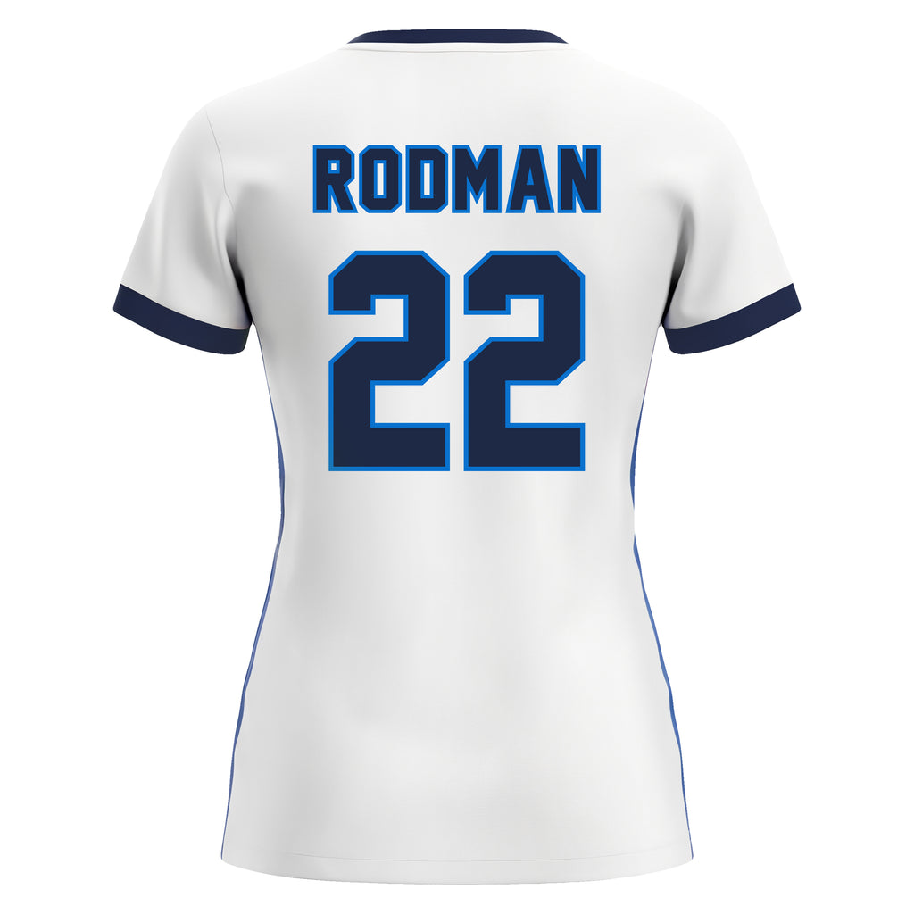 white/blue jersey