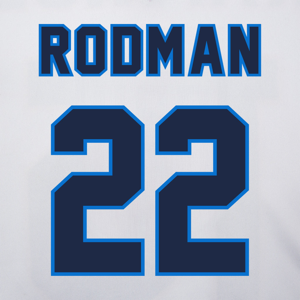 white/blue jersey